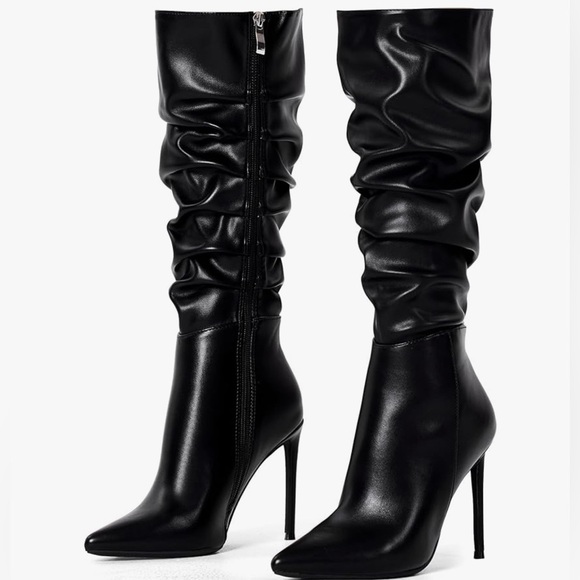 Elisabet Tang Knee High Boots Womens Black Matte PU 4 Inch Stiletto New - Picture 3 of 8